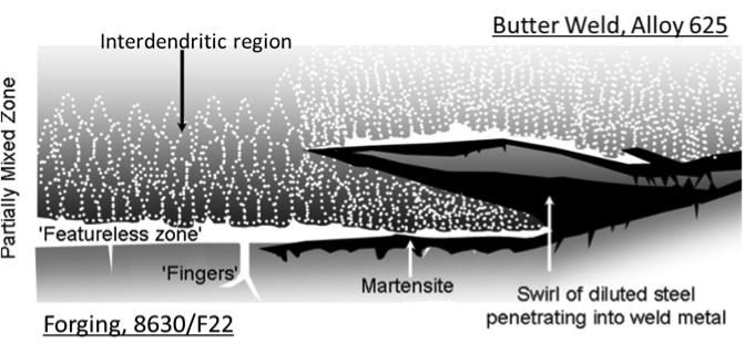 Figure 1 – Illustration of typical micro-scale regions at the 8630M-625 buttering interface (adapted from [6]).