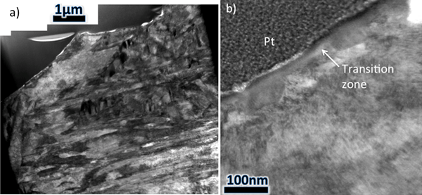 Figure 7 – a) TEM montage of the crater-like region and the sub-surface lath-like grains and b) a TEM image from a region directly below the fracture surface showing a transition zone next to a BCC grain.