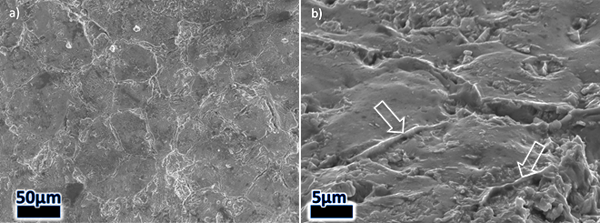 Figure 12 – Images of the 8630-Alloy 625 SENB fracture surface (steel side) in the as-welded condition. A) A typical region of interface disbonding. B) Higher magnification, tilted image of the disbonded region. Arrows indicate prior-austenite grain 