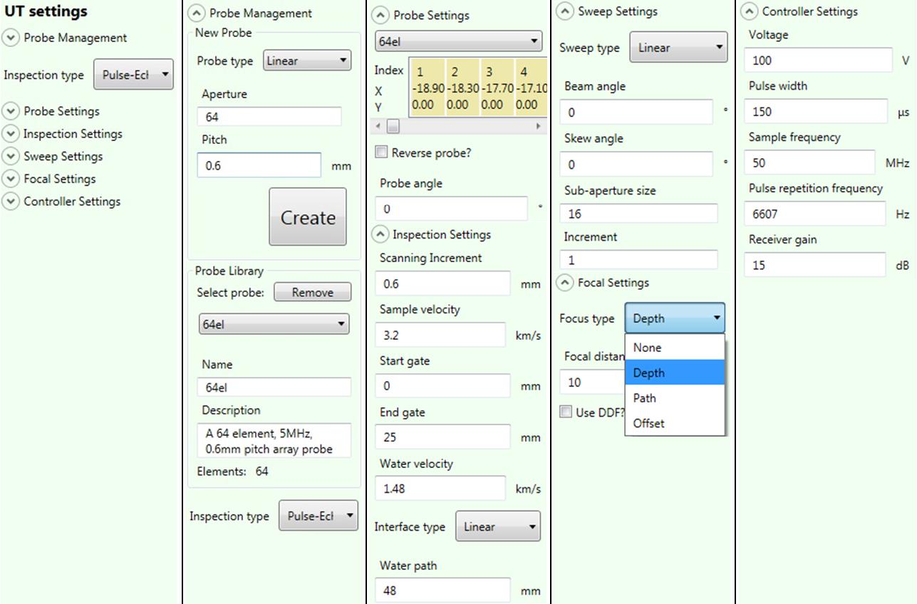 Figure 4. List of options for the complete definition of the UT settings.