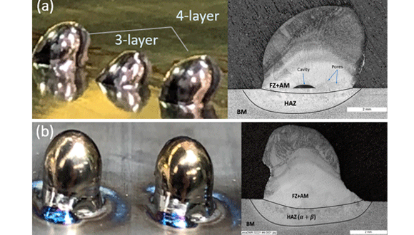 Fig 2. Multiple layers Ti6Al4V cylinder deposited by LMWD applied with a 3-arc path and (b) full cycle deposition path.