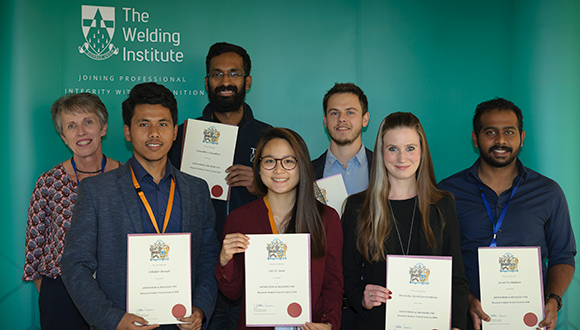 From left: Welding Institute representative Lois Appleyard, NSIRC student’s Dibakor Boruah, Somsubhro Chaudhuri, Cui Er Seow, Athanasios Pouchias, Berenika Syrek, Jazeel Chukkan. Winners of the Travel Award in 2019. Photo: The Welding Institute.