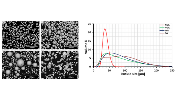 Figure 2. Powder morphology of (a) AGA; (b) NGA; (c) PA; (d) WA (left); PSD of the four powders (right)