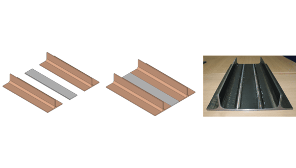 Figure 1. Novel technique developed for the manufacture of stiffened panels by friction stir welding that allows complex stiffened panels to be manufactured whilst reducing the number of welds required by half when compared to the existing arc welding technique.