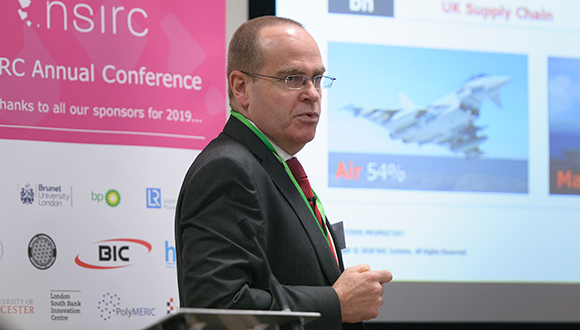 Dave Holmes, Manufacturing Director for BAE Systems and President of The Welding Institute, makes a keynote presentation to the NSIRC Annual Conference delegates in 2019. Photo: TWI Ltd