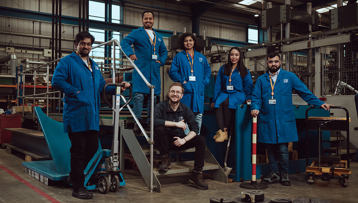 Thamasha Samarasinghe (centre) alongside fellow NSIRC doctoral students at TWI, Cambridge. Photo: Lloyd's Register Foundation / Sam Barker Photographer